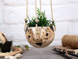 Handmade Cat Hanging Planter Speckled Ceramic Succulent Pot