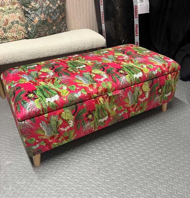 Upholstered Footstool Storage Ottoman, Floral Velvet With Wooden Legs - image 1