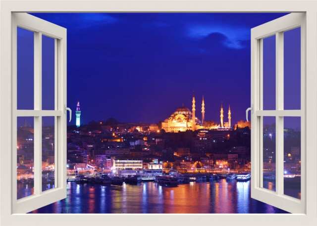 Istanbul Wall Decal, Turkey Bosphorus View Mosque Mural, 3D Window City Sticker Decor