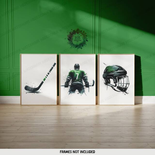 Custom Hockey Wall Art Set - 3 Green Prints - Boys Bedroom Decor Personalised Poster Kids Room Artwork Print Gift - image 1