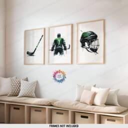 Custom Hockey Wall Art Set - 3 Green Prints - Boys Bedroom Decor Personalised Poster Kids Room Artwork Print Gift - thumbnail 2