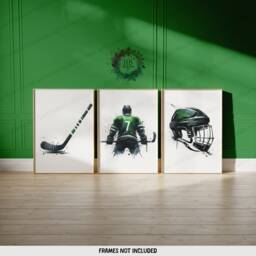 Custom Hockey Wall Art Set - 3 Green Prints - Boys Bedroom Decor Personalised Poster Kids Room Artwork Print Gift - thumbnail 1