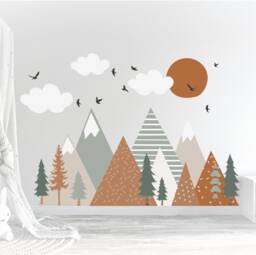 Mountain Wall Decal, Mountains Forest Mural, Wallpaper, Nursery Kids Playroom Decal - thumbnail 1