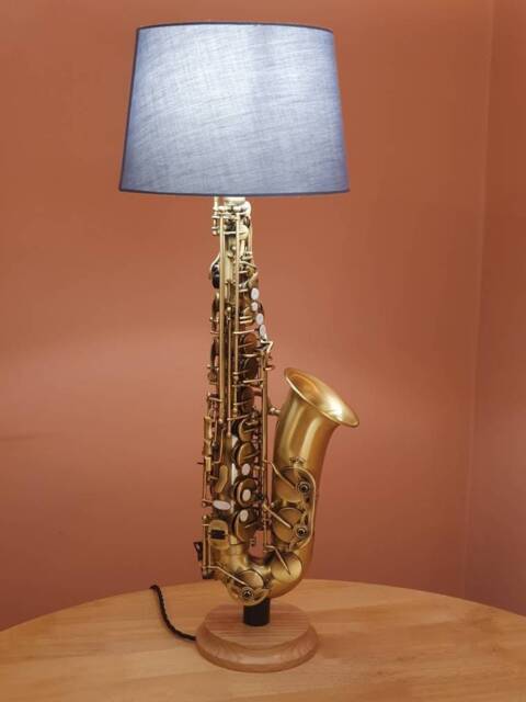 Saxophone Lamp, Alto, Satin Faux Vintage Finish, Handmade Oak Base, New - image 1