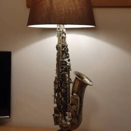 Saxophone Lamp, Alto, Satin Faux Vintage Finish, Handmade Oak Base, New - thumbnail 3