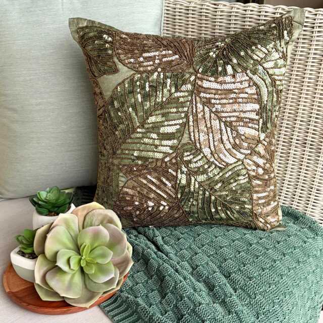 "Art Silk Olive Green Sequins & Beads Decorative Pillow Sham Cover, 24""x24""/26""x26" - image 1
