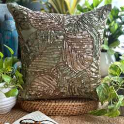 "Art Silk Olive Green Sequins & Beads Decorative Pillow Sham Cover, 24""x24""/26""x26" - thumbnail 3
