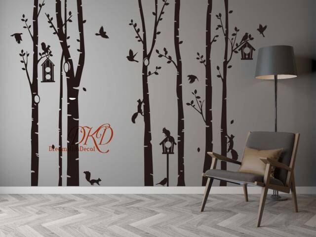 Tree Wall Decals Nursery Stickers, Birch With Birds, Birdhouse, Squirrel-Dk090 - image 1