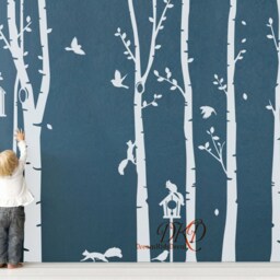 Tree Wall Decals Nursery Stickers, Birch With Birds, Birdhouse, Squirrel-Dk090 - thumbnail 2