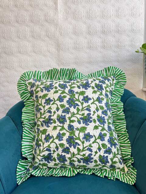 Quilted Cushion Pure Soft Cotton Cover - Botanical Floral Home Decor Interiors Bed Bedroom Living White Blue Green - image 1