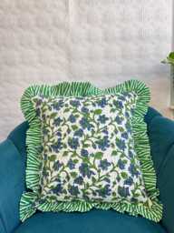 Quilted Cushion Pure Soft Cotton Cover - Botanical Floral Home Decor Interiors Bed Bedroom Living White Blue Green