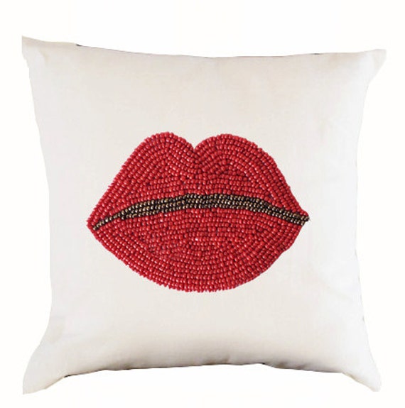 Beaded Lips Pop Art Pillow Cover Handmade Ivory Linen Cushion