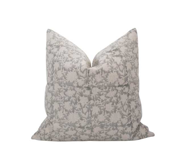 Grace -- Gray Floral Linen Pillow Cover, Grey Block Print Pillow, Neutral Farmhouse Muted - image 1
