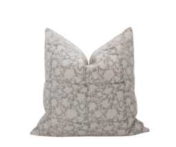 Grace -- Gray Floral Linen Pillow Cover, Grey Block Print Pillow, Neutral Farmhouse Muted - thumbnail 1