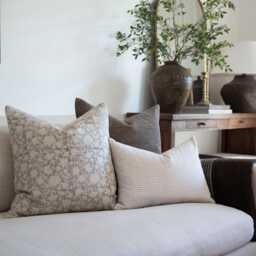 Grace -- Gray Floral Linen Pillow Cover, Grey Block Print Pillow, Neutral Farmhouse Muted - thumbnail 2
