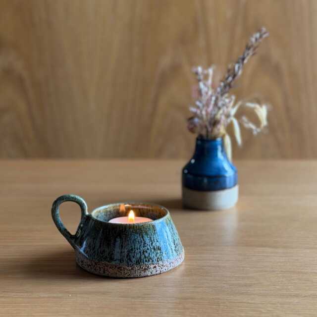Handmade Tea-Light Candle Holder, Green Ceramic Dish, Rustic Pottery Gift, Stoneware Ring Trinket Small Artisan Votive Holder - image 1