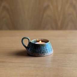 Handmade Tea-Light Candle Holder, Green Ceramic Dish, Rustic Pottery Gift, Stoneware Ring Trinket Small Artisan Votive Holder - thumbnail 3