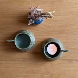 Handmade Tea-Light Candle Holder, Green Ceramic Dish, Rustic Pottery Gift, Stoneware Ring Trinket Small Artisan Votive Holder - thumbnail 4