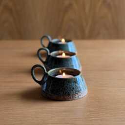 Handmade Tea-Light Candle Holder, Green Ceramic Dish, Rustic Pottery Gift, Stoneware Ring Trinket Small Artisan Votive Holder - thumbnail 2