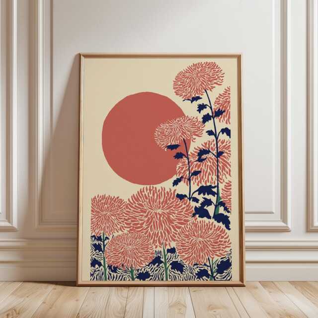 Pink Chrysanthemum Art Print, Japanese Woodblock Style, Red Sun Floral Wall Decor, Botanical Autumn Poster, Traditional Oriental - image 1