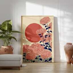 Pink Chrysanthemum Art Print, Japanese Woodblock Style, Red Sun Floral Wall Decor, Botanical Autumn Poster, Traditional Oriental - thumbnail 3