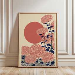 Pink Chrysanthemum Art Print, Japanese Woodblock Style, Red Sun Floral Wall Decor, Botanical Autumn Poster, Traditional Oriental - thumbnail 1
