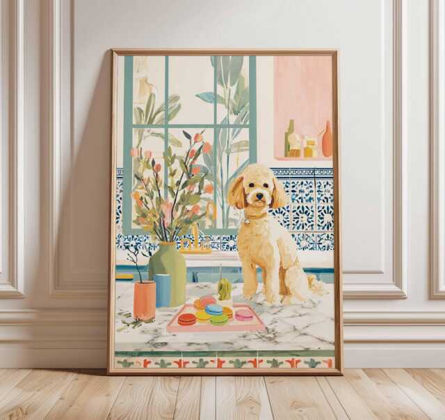 Poodle Wall Art - Cute Dog Poster With Colorful Macarons, Cozy Pet Print For Living Room Decor, Puppy Illustration Lovers - image 1