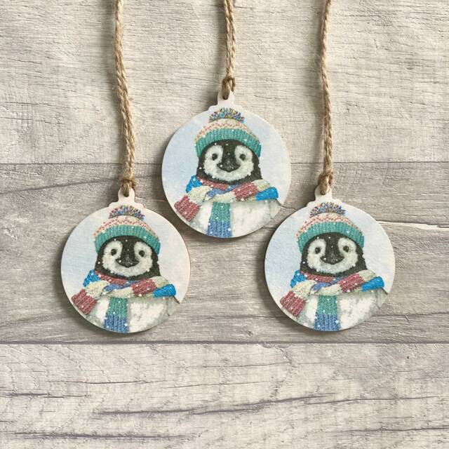 Penguin Baubles, Winter Animal Decorations For Christmas Tree, Set Of 3 Wooden Ornaments - image 1