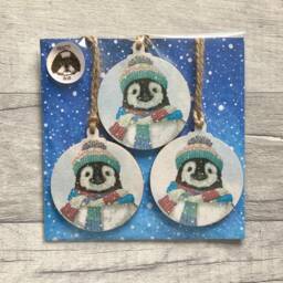 Penguin Baubles, Winter Animal Decorations For Christmas Tree, Set Of 3 Wooden Ornaments - thumbnail 3