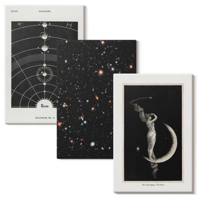 Canvas Wall Art Set Of 3 - Solar System Galaxy Figure On The Moon, Black & White Photo Print, Space Astrology Hanging Piece - image 1