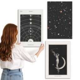 Canvas Wall Art Set Of 3 - Solar System Galaxy Figure On The Moon, Black & White Photo Print, Space Astrology Hanging Piece - thumbnail 2