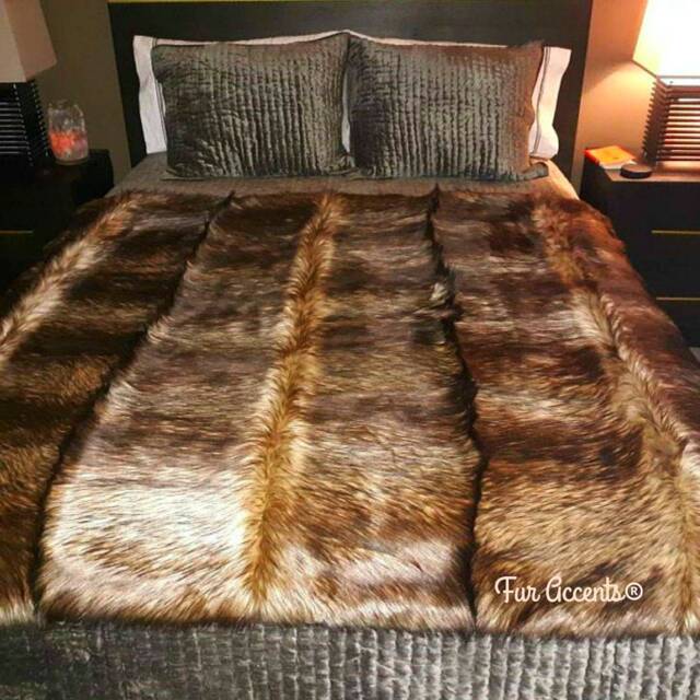 Luxury Faux Fur Throw Blanket - Golden Brown Wolf, Minky Lining - image 1