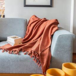 55''83'' Brick Red Stonewashed Throw Blanket, Turkish Cotton Couch Couch, Sofa Cover, Bed Spread, Porch Cozy Blanket - thumbnail 2