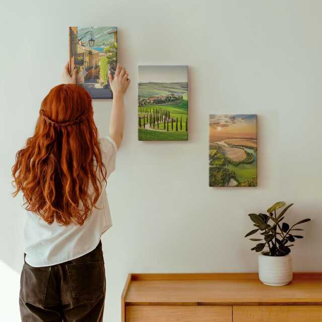 3 Piece Canvas Set - Italian Landscapes With A River, Hills & City Street, Green Wall Art Print, Decor - image 1