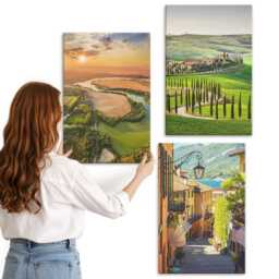 3 Piece Canvas Set - Italian Landscapes With A River, Hills & City Street, Green Wall Art Print, Decor - thumbnail 3
