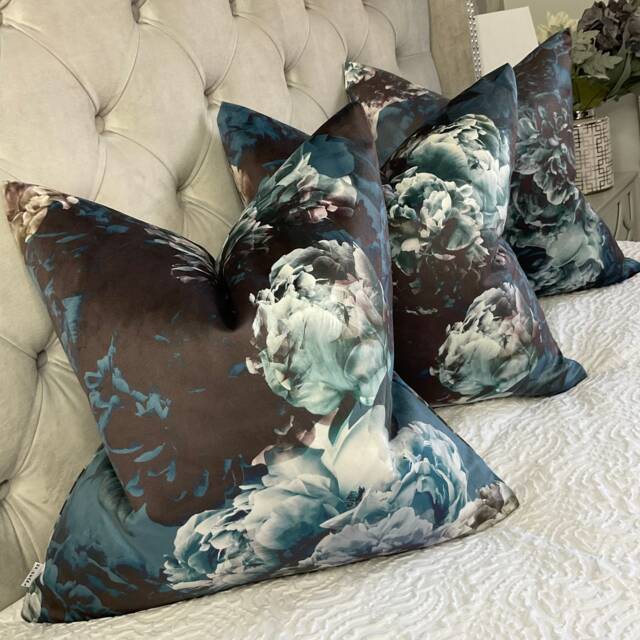 Premium Quality Vespertina Topaz - Floral Printed Velvet Cushion Pillow Cover Double Sided Ashley Wilde Fabric Dark Blue Design - image 1
