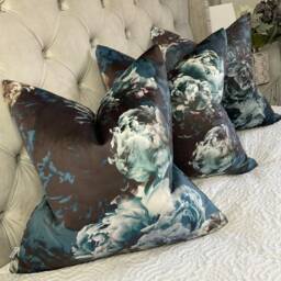 Premium Quality Vespertina Topaz - Floral Printed Velvet Cushion Pillow Cover Double Sided Ashley Wilde Fabric Dark Blue Design - thumbnail 1