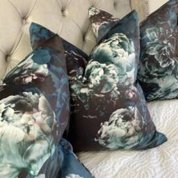 Premium Quality Vespertina Topaz - Floral Printed Velvet Cushion Pillow Cover Double Sided Ashley Wilde Fabric Dark Blue Design - thumbnail 2