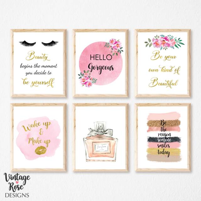 Make Up Wall Decor, Hello Gorgeous Print, Real Foil Perfume Prints, Beauty Art, Dressing Room Rose Gold Salon - image 1