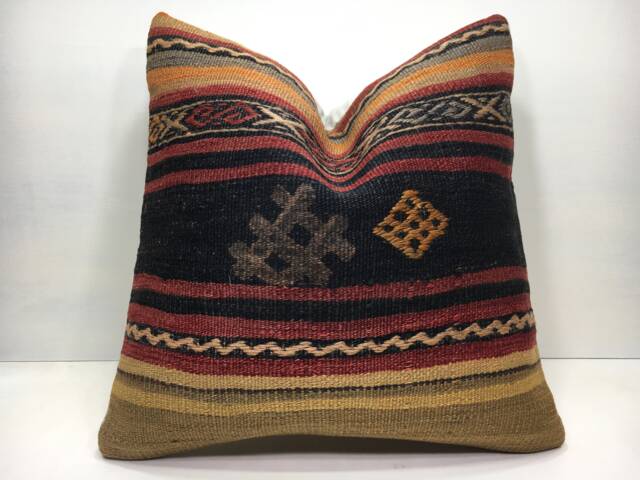Vintage Kilim Pillow Cover, Bohemian Throw Pillow, Handwoven Turkish Rug - 16x16 - image 1