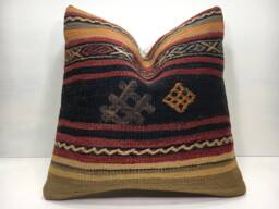 Vintage Kilim Pillow Cover, Bohemian Throw Pillow, Handwoven Turkish Rug - 16x16 - thumbnail 1