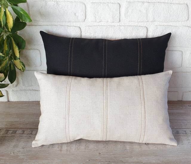Linen Lumbar Pillow Cover, Decorative Stitch, Vegan Leather Back - image 1