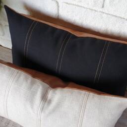 Linen Lumbar Pillow Cover, Decorative Stitch, Vegan Leather Back - thumbnail 4