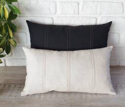 Linen Lumbar Pillow Cover, Decorative Stitch, Vegan Leather Back - thumbnail 1