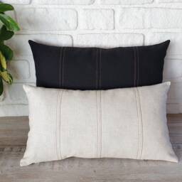 Linen Lumbar Pillow Cover, Decorative Stitch, Vegan Leather Back - thumbnail 2