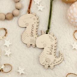 Personalized Wooden T-Rex Christmas Ornament Custom Name Dinosaur Keepsake Holiday - thumbnail 2