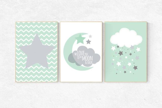 Mint Nursery Prints Moon, Stars, Cloud Wall Art - Set Of 3 - image 1