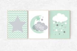 Mint Nursery Prints Moon, Stars, Cloud Wall Art - Set Of 3 - thumbnail 1