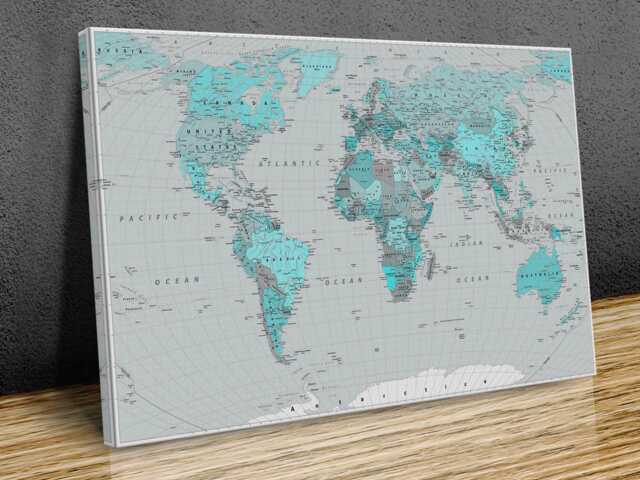 World Map High-Resolution Detailed Wall Art, Teal, Hangings, Home Decor, Mounted Canvas Print Ready To Hang - image 1