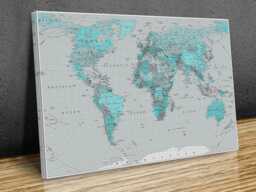 World Map High-Resolution Detailed Wall Art, Teal, Hangings, Home Decor, Mounted Canvas Print Ready To Hang